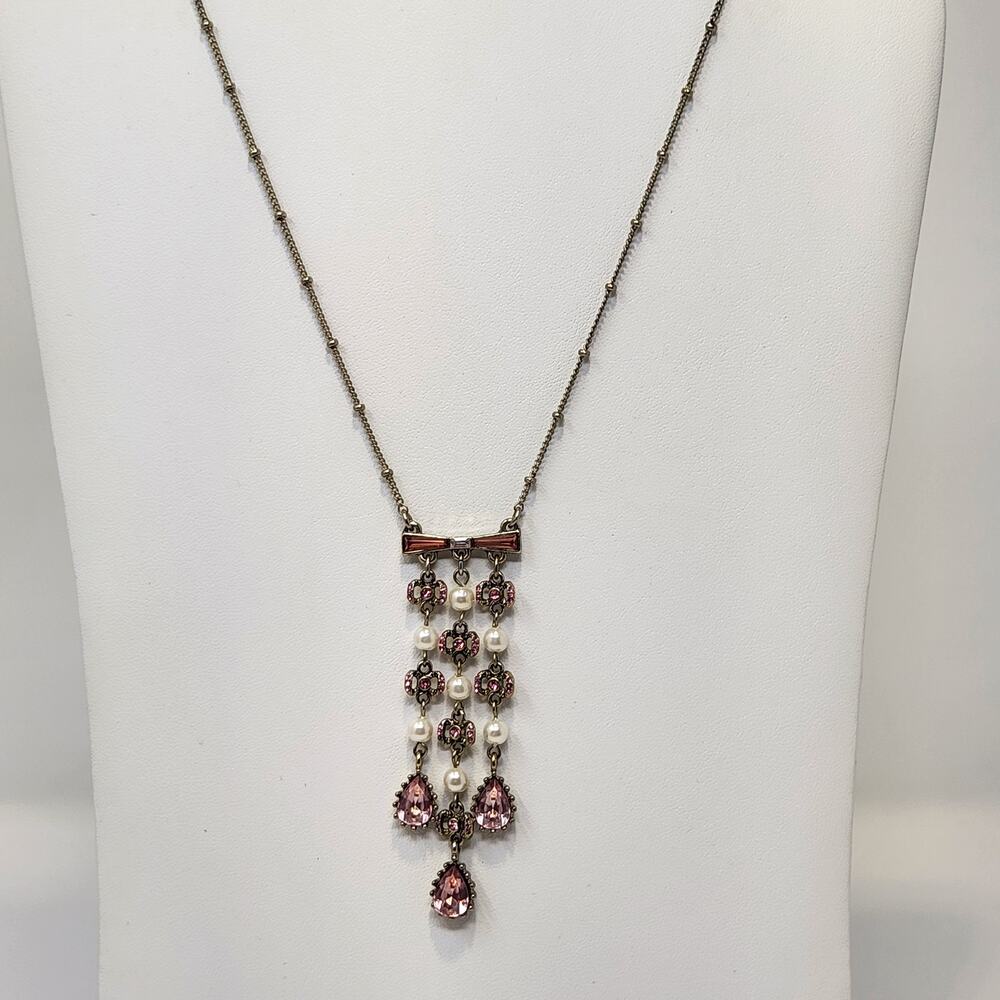 Betsey Johnson Pink Crystal Bow Dangle Drop Necklace Gold Tone Chain Faux Pearl